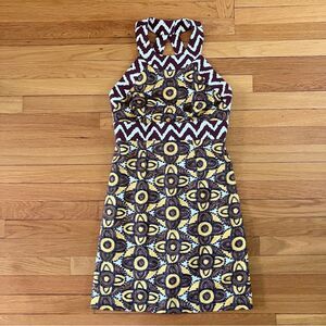 Milly Brown Yellow Tribal Print Y2K Vintage Cotton Halter Cocktail Dress 6